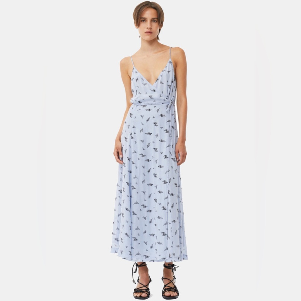 GANNI Brunnera Blue Floral Wrap Midi Dress Size 34 NWT $215